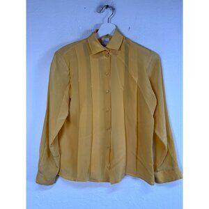 Vintage John Weitz Womens Yellow 100% Silk Pleated Button-Up Blouse 4 Petites
